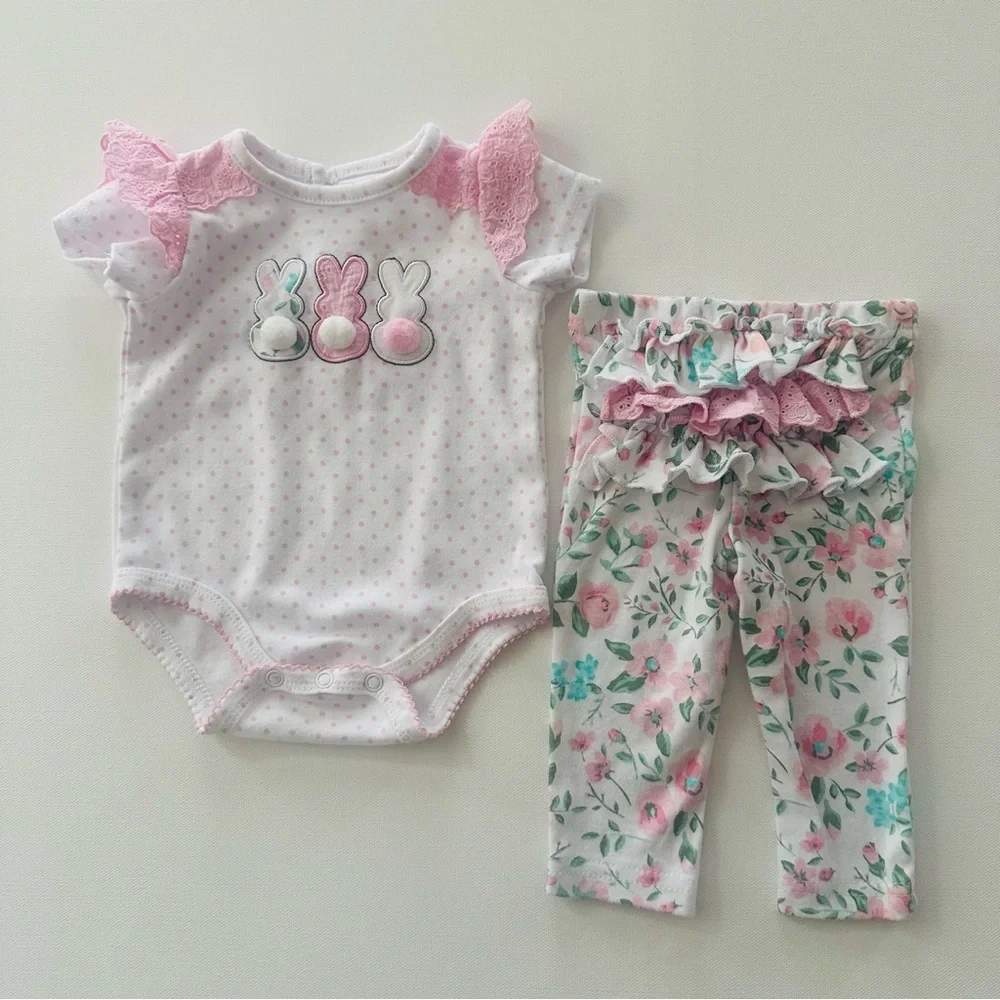 Baby Essentials 3 Months Girl Easter Bunny Tail Floral Bodysuit Pant Set Outfit - Picture 1 of 6